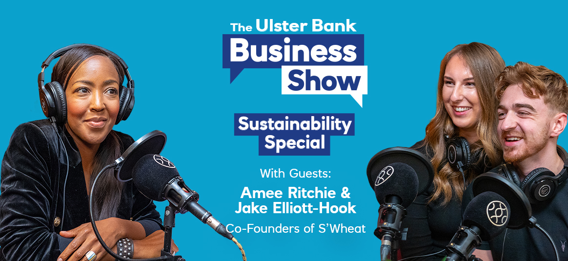 Photo of Angellica Bell with Aimee Ritchie & Jake Elliot-Hook in front of a background illustration of The Ulster Bank Business Show 